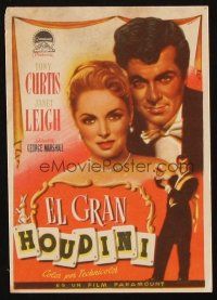 7y119 HOUDINI Spanish herald '53 Albericio art of Tony Curtis as the famous magician + Janet Leigh