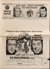 7y610 BADLANDERS pressbook '58 Alan Ladd, Ernest Borgnine and shackled fist holding chain!