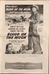 7y625 BLOOD ON THE MOON pressbook '49 cowboy Robert Mitchum pointing gun & Barbara Bel Geddes!
