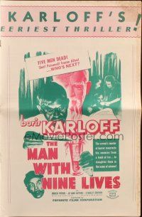 7y821 MAN WITH NINE LIVES pressbook R47 Boris Karloff brings them back alive to witness unholy deeds