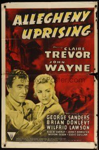 7z023 ALLEGHENY UPRISING 1sh R52 John Wayne & Claire Trevor with arms around each other!
