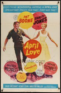 7z041 APRIL LOVE 1sh '57 full-length romantic art of Pat Boone & sexy Shirley Jones!