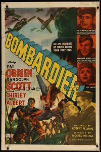 7z091 BOMBARDIER style A 1sh '43 Pat O'Brien, Randolph Scott, cool art of bombers in action!