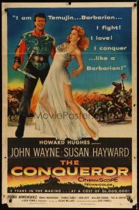 7z145 CONQUEROR style A 1sh '56 barbarian John Wayne grabs half-dressed sexy Susan Hayward!