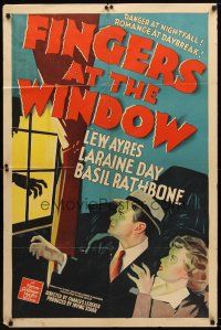 7z243 FINGERS AT THE WINDOW 1sh '42 art of Lew Ayres & Laraine Day + Rathbone's shadow!