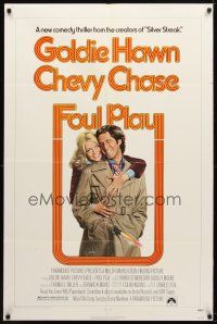 7z261 FOUL PLAY 1sh '78 wacky Lettick art of Goldie Hawn & Chevy Chase, screwball comedy!