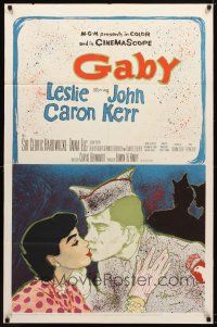 7z277 GABY 1sh '56 wonderful close up art of soldier John Kerr kissing Leslie Caron!