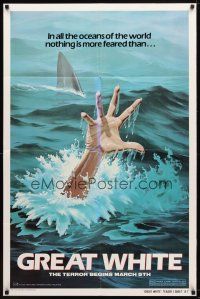 7z321 GREAT WHITE style A-1 teaser 1sh '82 great artwork of shark attacking swimmer!