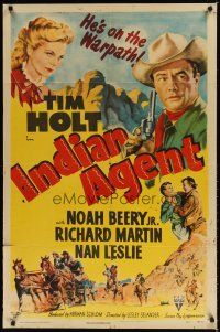 7z382 INDIAN AGENT style A 1sh '48 art of pretty Nan Leslie & Tim Holt, who is on the warpath!