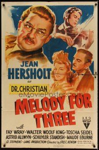 7z499 MELODY FOR THREE 1sh '41 great art of Jean Hersholt, Fay Wray & Walter Woolf King!