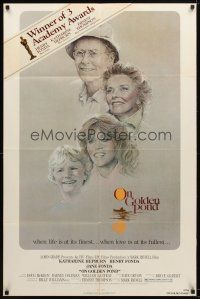 7z579 ON GOLDEN POND 1sh '81 art of Hepburn, Henry Fonda, and Jane Fonda by C.D. de Mar!