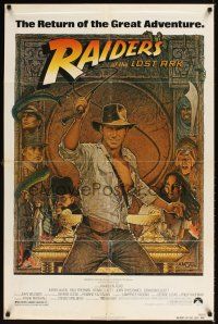 7z653 RAIDERS OF THE LOST ARK 1sh R82 great art of adventurer Harrison Ford by Richard Amsel!