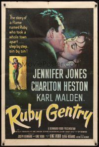 7z687 RUBY GENTRY 1sh '53 art of super sleazy bad girl Jennifer Jones kissing Charlton Heston!