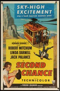 7z710 SECOND CHANCE 1sh '53 cool 3-D art of Robert Mitchum, sexy Linda Darnell & cable car!