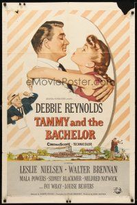 7z826 TAMMY & THE BACHELOR 1sh '57 artwork of Debbie Reynolds seducing Leslie Nielsen!