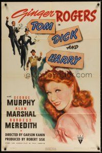 7z885 TOM, DICK & HARRY style A 1sh '41 c/u art of pretty Ginger Rogers, Murphy, Marshal & Meredith
