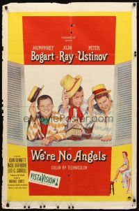 7z951 WE'RE NO ANGELS 1sh '55 art of Humphrey Bogart, Aldo Ray & Peter Ustinov tipping their hats!