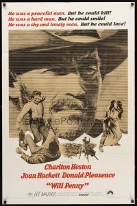 7z969 WILL PENNY 1sh '68 close up of cowboy Charlton Heston, Joan Hackett, Donald Pleasance