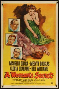 7z980 WOMAN'S SECRET 1sh '49 Maureen O'Hara w/smoking gun in Nicholas Ray noir!
