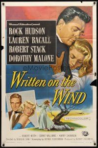 7z985 WRITTEN ON THE WIND 1sh '56 Brown art of sexy Lauren Bacall with Rock Hudson & Robert Stack!
