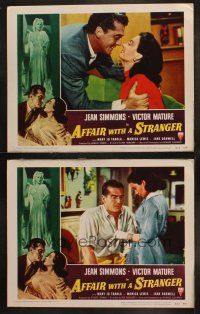 8a804 AFFAIR WITH A STRANGER 2 LCs '53 close images of Victor Mature & pretty Jean Simmons!