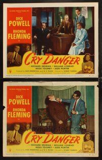 8a878 CRY DANGER 2 LCs '51 Dick Powell, Rhonda Fleming, William Conrad, film noir!