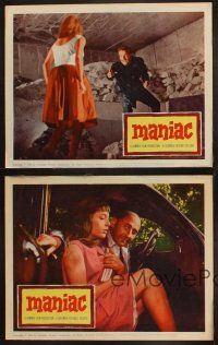 8a632 MANIAC 4 LCs '63 Hammer, creepy old guy with scared teen girl in car + chase scenes!