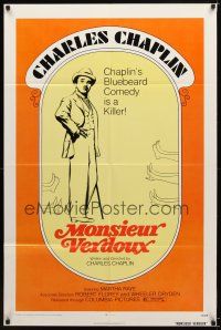 8b471 MONSIEUR VERDOUX 1sh R72 cool art of Charlie Chaplin as gentleman Bluebeard!