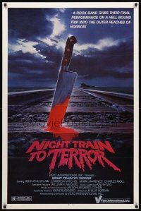 8b502 NIGHT TRAIN TO TERROR 1sh '84 cool horror art of bloody knife stuck in train tracks!