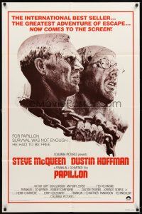 8b534 PAPILLON 1sh R80 art of prisoners Steve McQueen & Dustin Hoffman by Tom Jung!