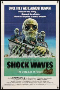 8b642 SHOCK WAVES 1sh '77 Peter Cushing, cool art of wacky ocean zombies terrorizing boat!