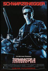 8b739 TERMINATOR 2 advance DS 1sh '91 James Cameron, Arnold Schwarzenegger on motorcycle w/shotgun!