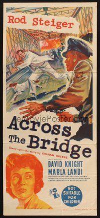 8c288 ACROSS THE BRIDGE Aust daybill '58 Rod Steiger in Graham Greene's great suspense story!
