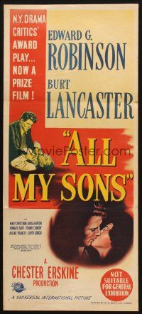 8c298 ALL MY SONS Aust daybill '48 Burt Lancaster choking Edward G. Robinson & kissing pretty girl
