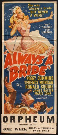 8c301 ALWAYS A BRIDE Aust daybill '53 stone litho art of sexy Peggy Cummins & Terence Morgan!