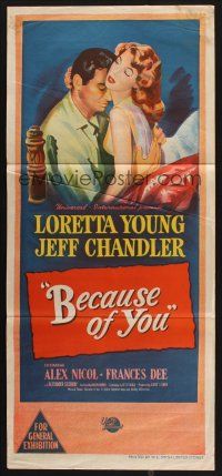 8c328 BECAUSE OF YOU Aust daybill '52 stone litho art of Jeff Chandler & sexy Loretta Young!