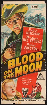 8c347 BLOOD ON THE MOON Aust daybill '49 art of cowboy Robert Mitchum pointing gun & Bel Geddes!