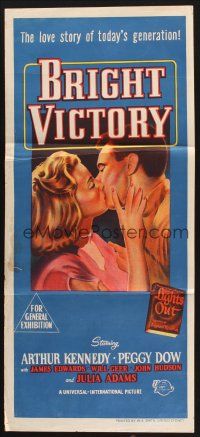 8c361 BRIGHT VICTORY Aust daybill '51 close up of blind Arthur Kennedy kissing pretty Peggy Dow!