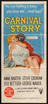 8c372 CARNIVAL STORY Aust daybill '54 sexy Anne Baxter held by Steve Cochran who she loves bad!