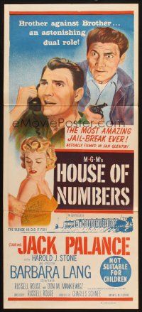 8c556 HOUSE OF NUMBERS Aust daybill '57 Jack Palance, sexy Barbara Lang, most amazing get-away!