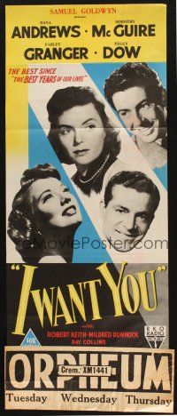 8c561 I WANT YOU Aust daybill '51 Dana Andrews, Dorothy McGuire, Farley Granger, Peggy Dow