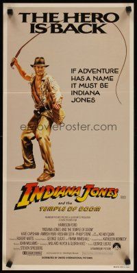 8c571 INDIANA JONES & THE TEMPLE OF DOOM Aust daybill '84 art of Harrison Ford, the hero is back!