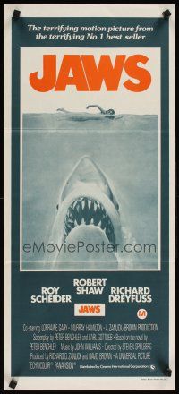 8c582 JAWS Aust daybill R70s art of Steven Spielberg's classic man-eating shark attacking swimmer!