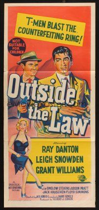 8c693 OUTSIDE THE LAW Aust daybill '56 Treasury T-Man Ray Danton blasts a counterfeit racket!