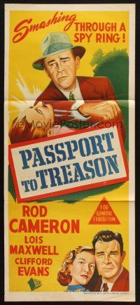 8c702 PASSPORT TO TREASON Aust daybill '56 Rod Cameron, Lois Maxwell, smashing through spy ring!