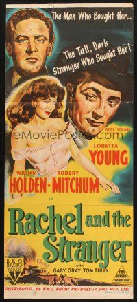 8c729 RACHEL & THE STRANGER Aust daybill '48 William Holden, Robert Mitchum, sexy Loretta Young!