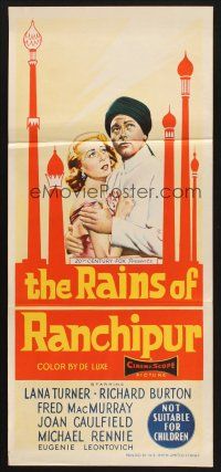 8c734 RAINS OF RANCHIPUR Aust daybill '55 art of turbaned Richard Burton & Lana Turner!