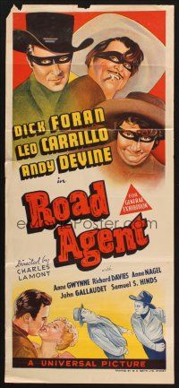 8c757 ROAD AGENT Aust daybill '41 art of masked Dick Foran, Leo Carrillo, & Andy Devine!
