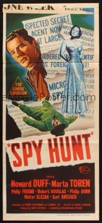 8c839 SPY HUNT Aust daybill '50 zoo owner Howard Duff gets mixed up with sexy spy Marta Toren!