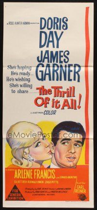 8c892 THRILL OF IT ALL Aust daybill '63 wonderful artwork of Doris Day kissing James Garner!